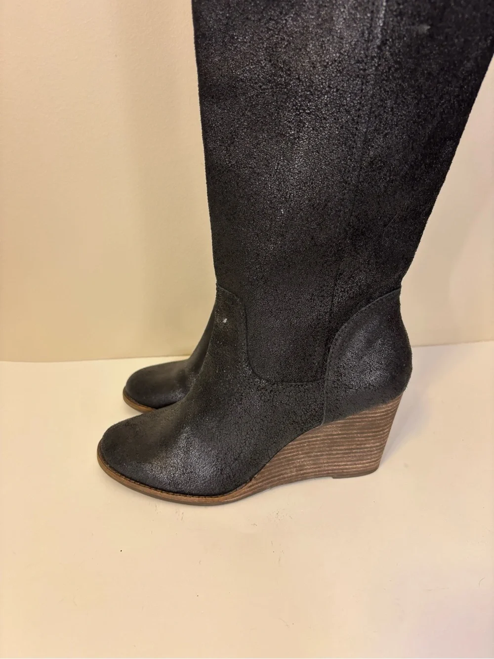 Lucky Brand Black Suede Shimmer Wedge Knee High Tall Boots 9.5